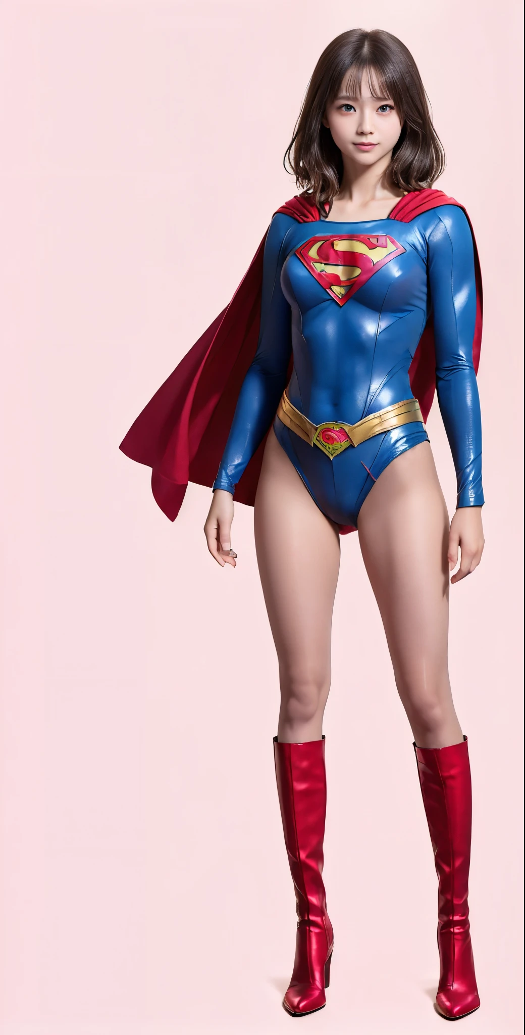 No background、(((Beautiful legs in black tights.)))、(((Legally express the beauty of your smile)))、((((Make the most of your original images)))、(((Supergirl Costume)))、(((Beautiful very short hair)))、(((suffering)))、(((Please wear black tights....、Wear red boots)))、((Best image quality、8K))、((Highest quality、8K、masterpiece:1.3))、(((Preserve background )))、Sharp focus:1.2、Beautiful woman with perfect figure:1.4、Slim Abs:1.2、Wet body:1.5、Highly detailed face and skin texture、8K