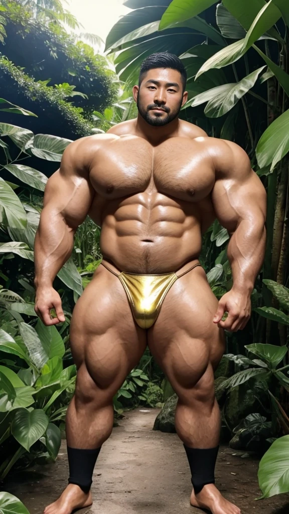 There is only one handsome Asian actor in the photo,35 years old,High target, Fitness,short hair, O-Shaped Beard,Perfect body, Dark skin color,Radiant Skin,Smooth skin,Muscle bulge, muscular, Very large pectoral muscles,Very sexy abdominal muscles,Very well-developed leg muscles,Huge concave and convex area,Brightens oily skin,Wearing a gold leather shiny thong,Handsome face, Correct and accurate male body proportions, Wear black socks,Stand in the rainforest,Lots of tropical flowers around。