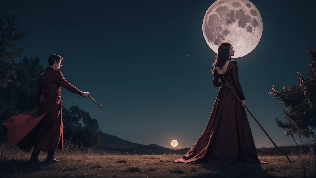 A Magician, standing backwards, wearing a long burgundy dress, holding a wooden staff with one hand and casting a spell with the other at night in the open air looking at the moon