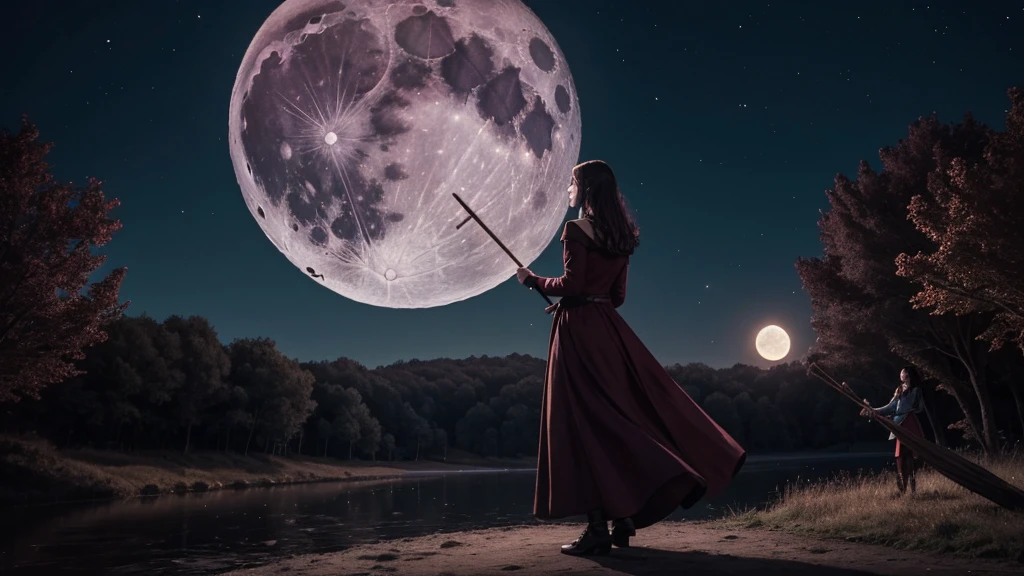 A Magician, standing backwards, wearing a long burgundy dress, holding a wooden staff with one hand and casting a spell with the other at night in the open air looking at the moon