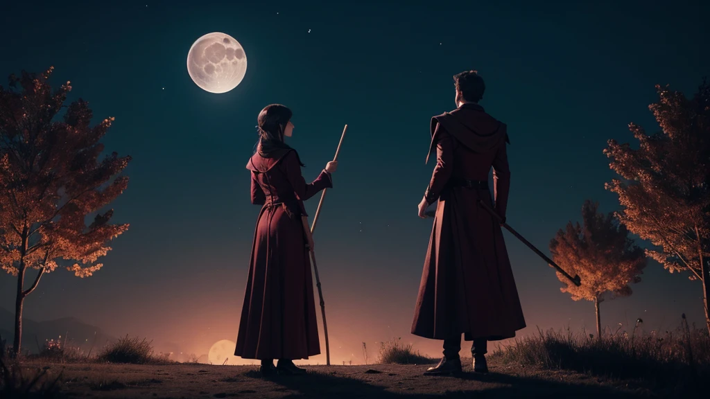 A Magician, standing backwards, wearing a long burgundy dress, holding a wooden staff with one hand and casting a spell with the other at night in the open air looking at the moon
