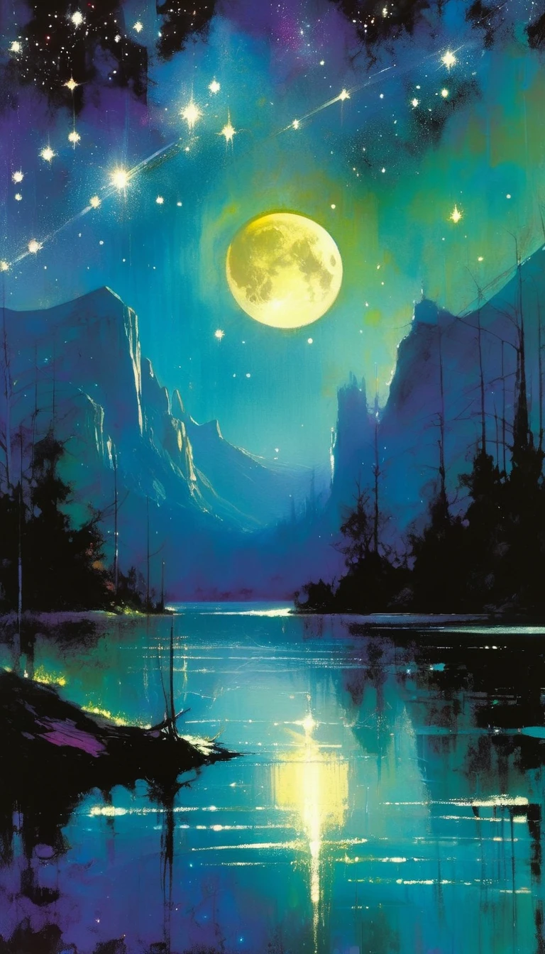 beautiful lake, magic, fantastic, night sky, moon, stars, background (art inspired by Bill Sienkiewicz). oil painting)
