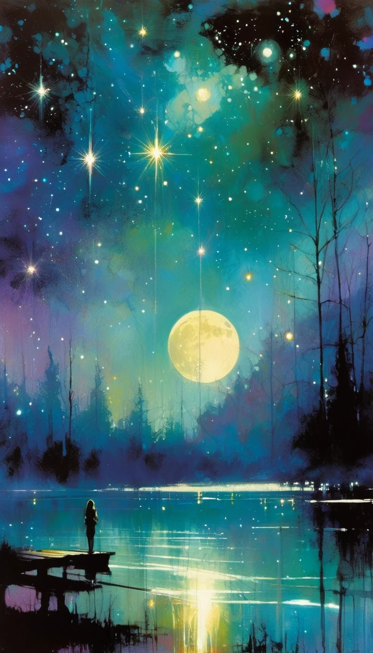 beautiful lake, magic, fantastic, night sky, moon, stars, background (art inspired by Bill Sienkiewicz). oil painting)
