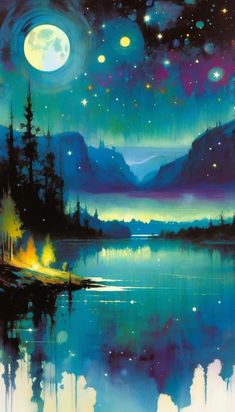 beautiful lake, magic, fantastic, night sky, moon, stars, background (art inspired by Bill Sienkiewicz). oil painting)
