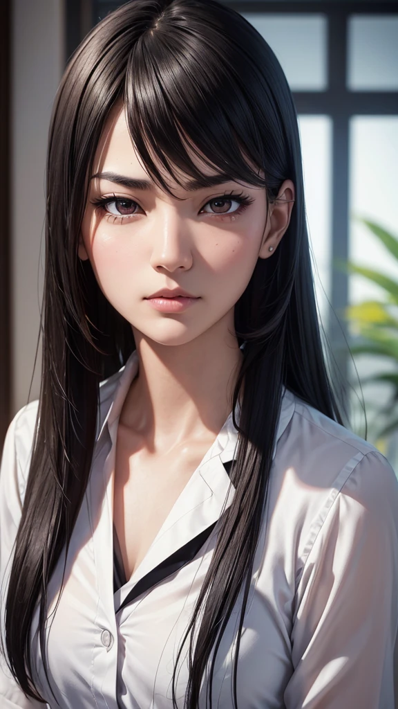 upper body,japanese,beautiful browneyes, beautiful lips,（furrowed brow） , longeyelashes,((slender)),black hair,((straight hair )),looking away,displeased, office lady, (professional business attire), office setting, desk, (highres,masterpiece:1),detailed,(realistic,photorealistic,photo-realistic:1),HDR,UHD,studio lighting,ultra-fine painting,sharp focus,physically-based rendering,extreme detail description,professional,vivid colors,bokeh,intricate details,highly realistic,photorealistic portrait