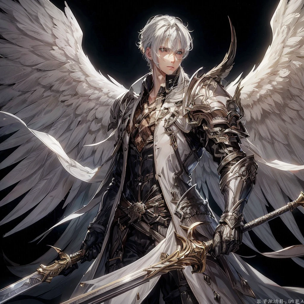 Highly detailed, High Quality, Masterpiece, beautiful,I want an image of a man with white hair and skin, who is attractive and has two angel wings and medieval armor and a long sword. I also want the eyes to be more detailed and the hair looks good. I want it short.