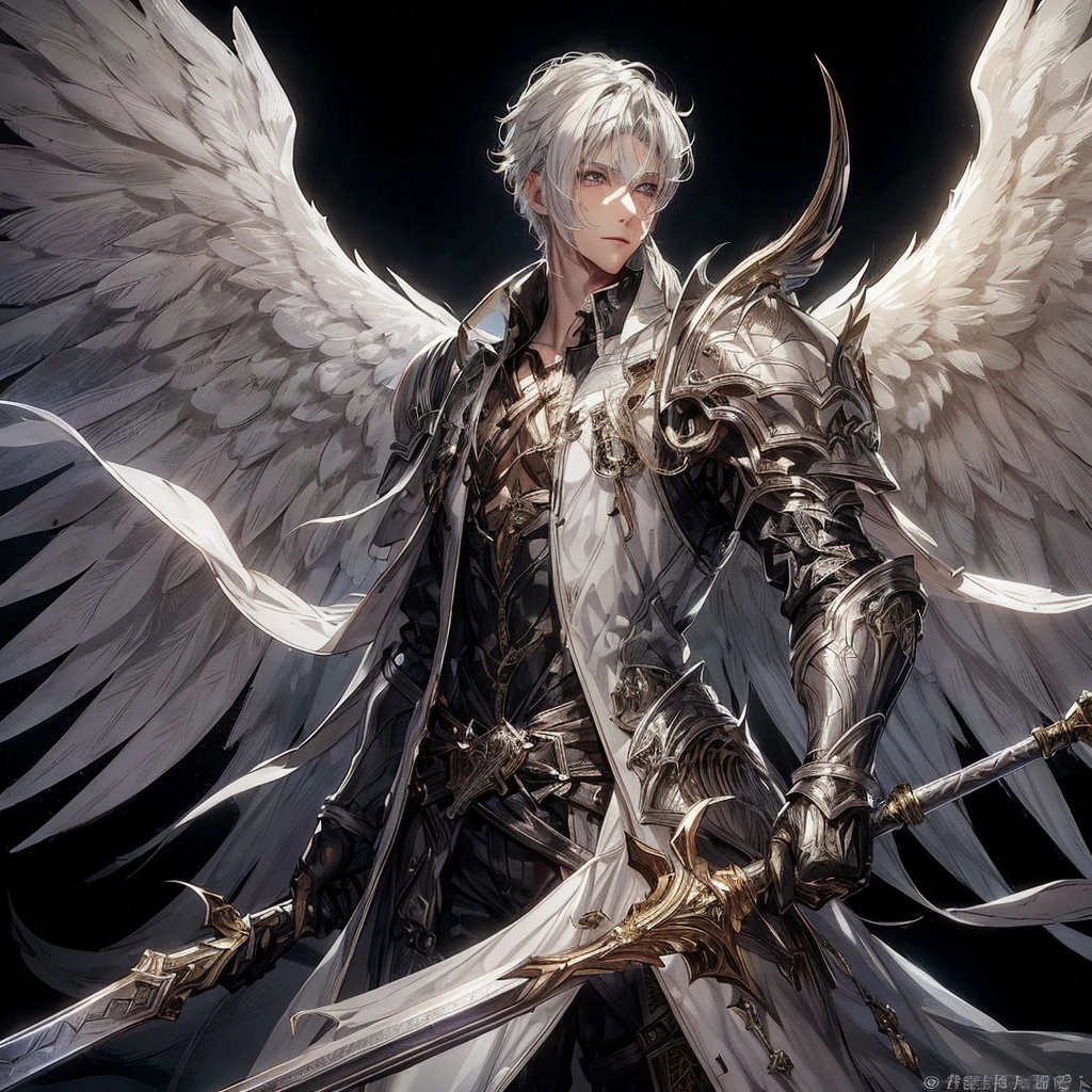 Highly detailed, High Quality, Masterpiece, beautiful,I want an image of a man with white hair and skin, who is attractive and has two angel wings and medieval armor and a long sword. I also want the eyes to be more detailed and the hair looks good. I want it short.