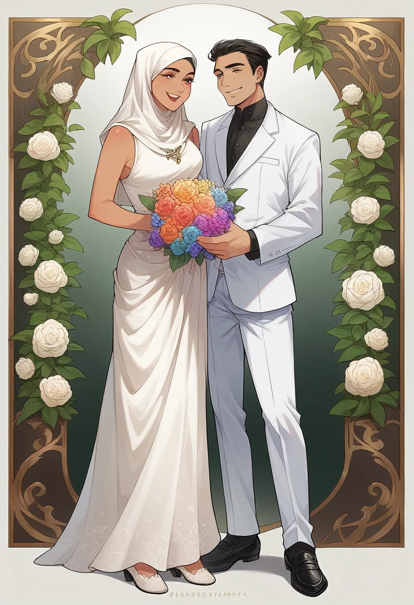 Realistic 4D caricature of a 20-year-old Indonesian man with detailed facial features, medium thin and sleek hair, wearing a white suit, batik sarong, black formal shoes, and a 20-year-old Indonesian woman wearing a hijab and a traditional Sundanese siger crown made of jasmine, wearing a luxurious white wedding kebaya with lace, patterned flat shoes, holding colorful flowers, holding the man's hand, in a romantic setting, smiling expression, wide shot, full body, with a background of grey and black gradient.