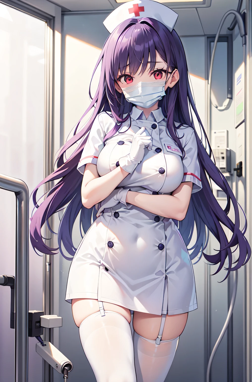 1woman, solo, nurse, white nurse cap, white nurse uniform, ((white legwear, zettai ryouiki)), white gloves, long hair, purple hair, red eyes, ((white surgical mask, covered nose)), standing, ((hospital room)), sharp outline, short sleeves, mature female, 35 years old, best quality, masterpiece