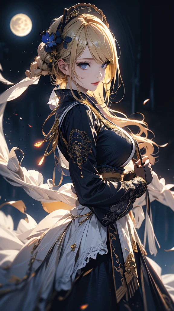 masterpiece, high quality, 4K, Beautiful design, silhouette,blonde, 非常に詳細な夜のStarry Sky,Flower Field, wonderful, Finer details, Very knowledgeable woman, Highly detailed solo, 1 female,Big Breasts,Gothic Lolita Fashion,Night view,Starry Sky,full moon,