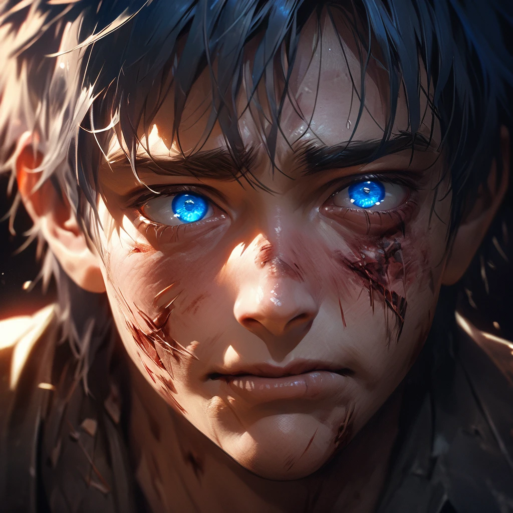 A highly detailed close-up shot of an injured anime-style guy with intense blue eyes, looking directly into the camera. His face shows signs of recent injury with cuts and bruises, and a tear rolling down his cheek. The background is blurred, emphasizing his expression. Detailed skin textures, realistic lighting, and subtle reflections. hd quality