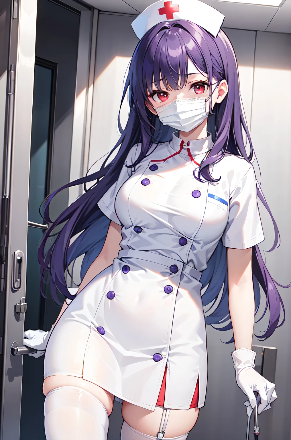 1woman, solo, nurse, white nurse cap, white nurse uniform, ((white legwear, zettai ryouiki)), white gloves, long hair, purple hair, red eyes, ((white surgical mask, covered nose)), standing, ((hospital room)), sharp outline, short sleeves, mature female, 35 years old, best quality, masterpiece