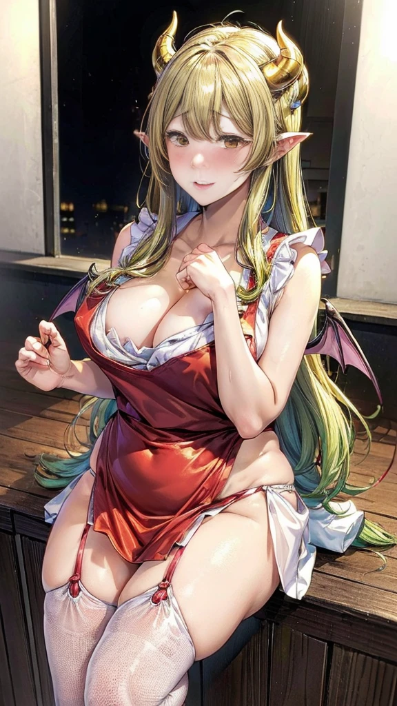 (Masterpiece, Best Quality, photograph-realistic), (Innocent Anime Demon Queen, Adorable, Cute, Lovely Young Lady), (Cheerful Expressions), (1 girl, demon queen), (Medium Perky Breasts, Figure), (Cute Revealing Sexy apron, Lime Green with Golden Trim), (Loose Fitting, Short Hemline), (Walking, Lakeside), (Fishnet Stockings, Golden Heels), (Wings, Devilish Tail), (Shy and Blushing Demon Girl), (Embarrassed, Blushing Cheeks), (Golden Eyes, Pointed Ears), (