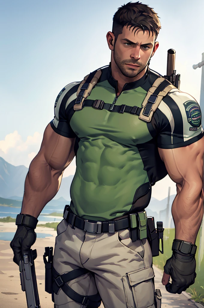 (masterpiece, best quality:1.2), cowboy shot, solo, male focus, 1boy, chris redfield, muscular male,Hair on the chest