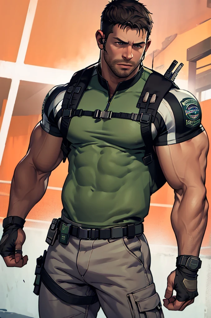 (masterpiece, best quality:1.2), cowboy shot, solo, male focus, 1boy, chris redfield, muscular male,Hair on the chest