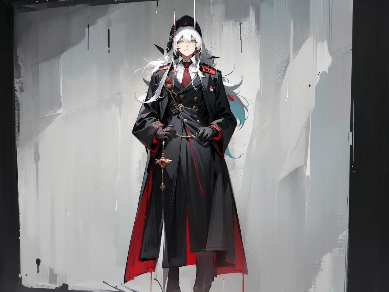 a millitary general with black and white hair, a red and green clockwork eyes.
