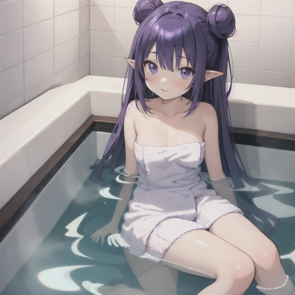 anime girl long purple hair{{Wrapped in a bath towel}}. she has pointy ears. soak in a hot spring, Manga kawaii. iridescent ,An illustration