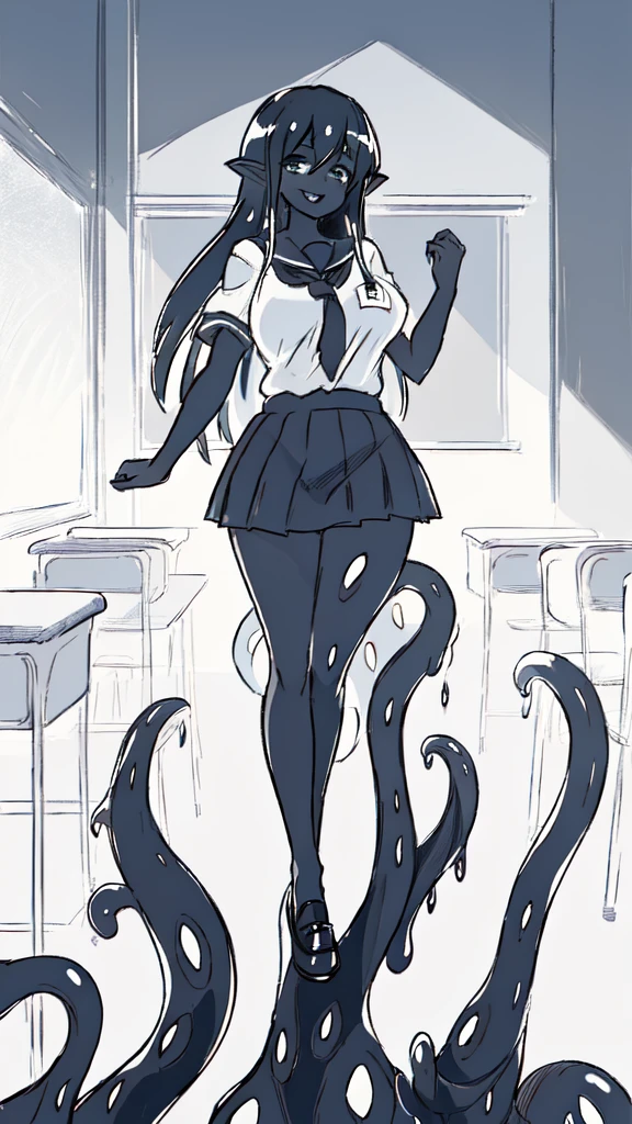 (1girl ,20s,mature female,adult),happy,white shirt,short sleeves,black standard tie,white school skirt,black hair,long hair,(classroom),((shoggoth body,pure dark skin,colored skin)),full body