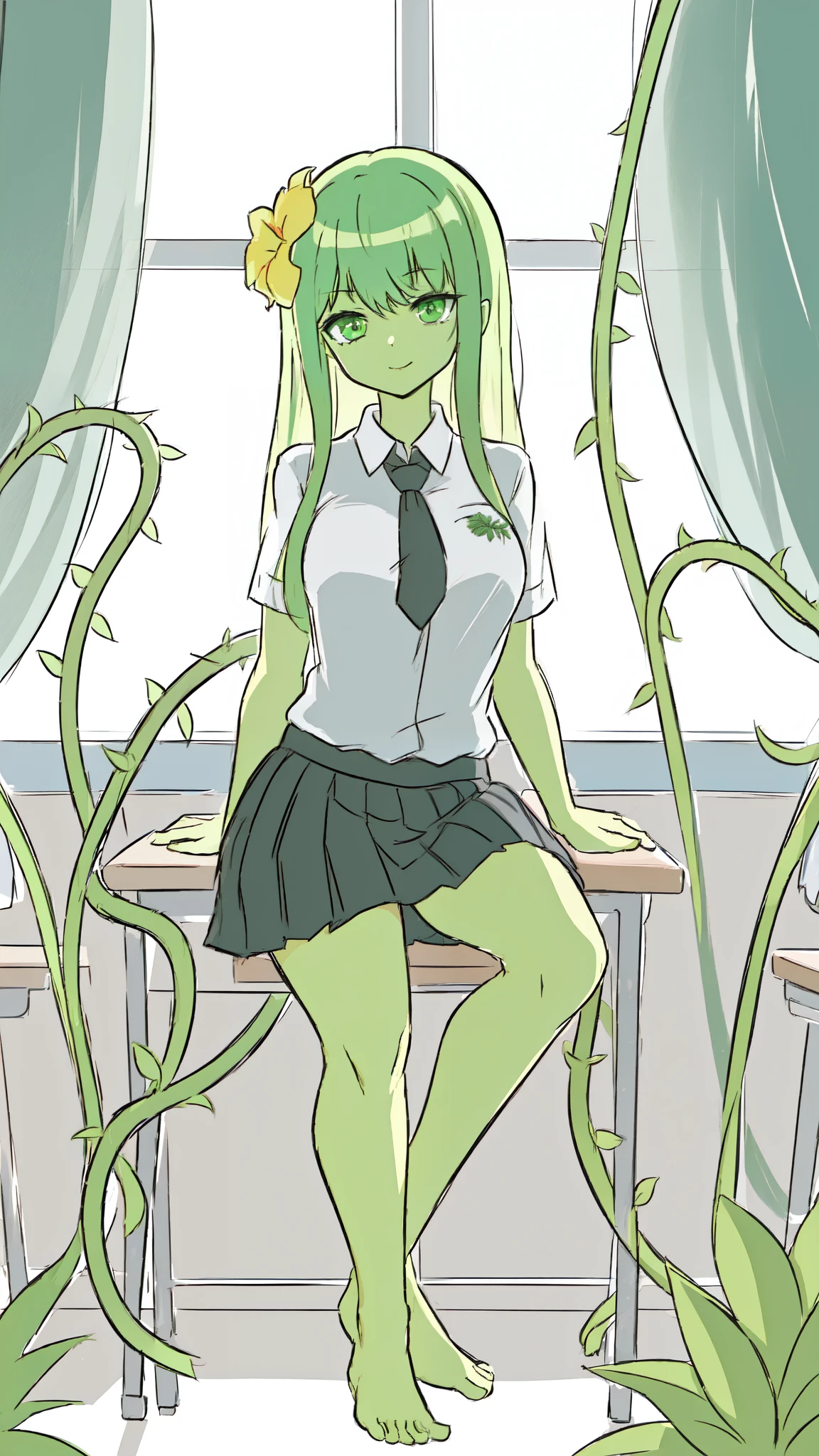 1girl,20s,adult,madure female,, alraune, white shirt,short sleeves,black standard tie,black school skirt,green hair,long hairmflower, vines on body, full body, classroom,(greenskin)