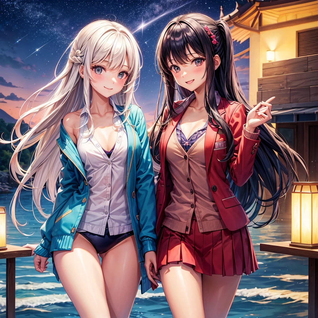 best quality,,smile,blazer,swimsuit,nepal,middle School girlultiple girls are depicted,harem,idol group,starry sky background,photo shoot,long hair,wearing a cardigan,beautiful girlの国,girl's paradise,highest quality,big breasts,leather jacket,happy girl,horny girl,blue eyes,perfect face,standing position,Swimwear,bikini,Ocean,She has her bangs down,fur jacket,Beautiful eyes,smooth hair,perfect eyes,beautiful girl,Angel Girl,multicolored hair colors,naughty girl,beautiful,High-dimensional beautiful girl,Multidimensional beautiful girl,gathering,Group、,classroom,School,