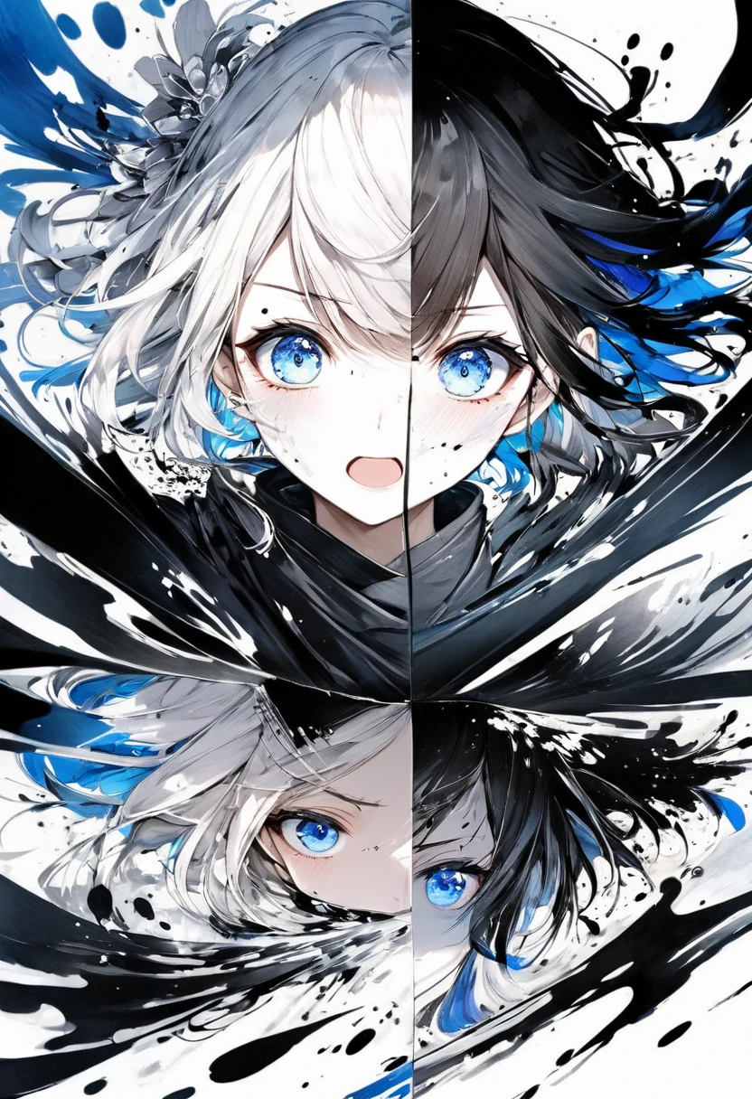 Top quality, delicate details, (emphasis on black and white:1), one girl, ninja, blue eyes, glassy eyes, soft lighting, high contrast, black and white shadow style, shadows with shading, Pure white background, splashes of ink, splashes of color, emphasis on light and space, expressing facial expressions and gestures with ink shading, emphasis on light and shadow, watercolor style,