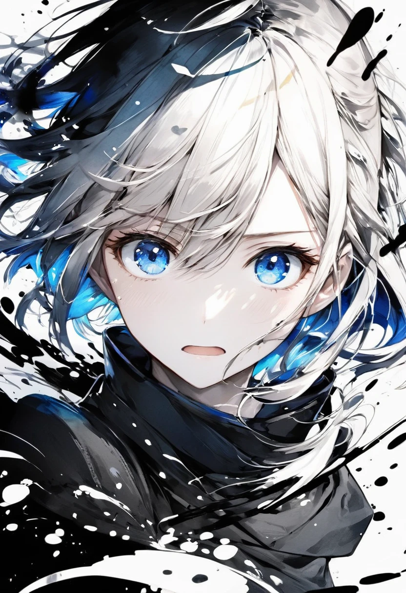 Top quality, delicate details, (emphasis on black and white:1), one girl, ninja, blue eyes, glassy eyes, soft lighting, high contrast, black and white shadow style, shadows with shading, Pure white background, splashes of ink, splashes of color, emphasis on light and space, expressing facial expressions and gestures with ink shading, emphasis on light and shadow, watercolor style,