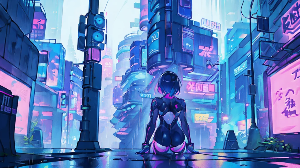 woman、Back view、Neon City、Cyberpunk City, Futuristic, heavy rain, 8K, アニメ壁紙 8K, Absurd, Super sharp, night, street, Japan, Blue atmosphere, raindrop, Rain-soaked body
