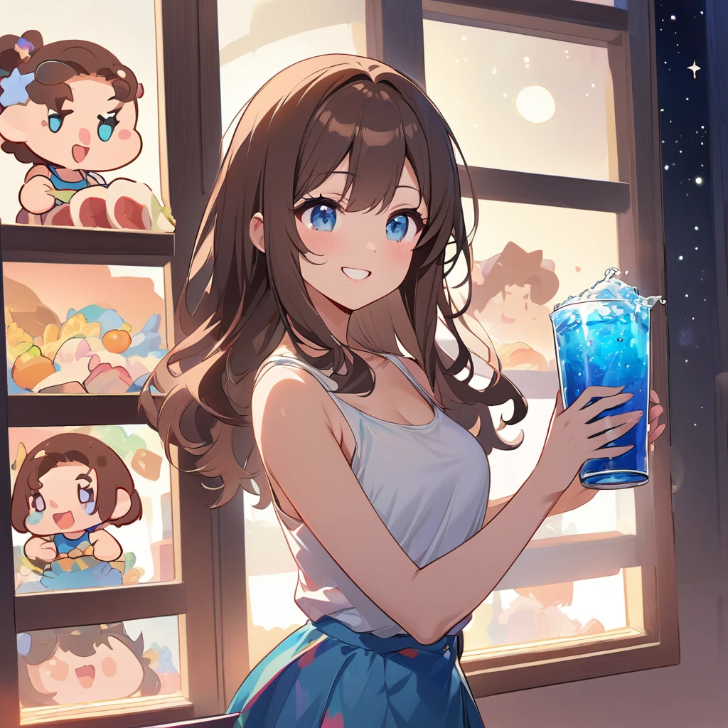 masterpiece、Highest quality、Depth of subject、2D illustration、1 beautiful girl、独奏, (((chibi style)))、((night)), ((window)), ((starry sky)), Long, beautiful hair、shiny brown hair、cute、Beautifully detailed eyes、((Tank top))、a glass of blue soda, ((colorful))、mini skirt、((happy smile))、((Canned Chuhai)), ((close up shot))、((eating beefsteak)), ((in the room))、((There's a lot of pink around))、Thighs、((vivid color))、sparkle、((Lens flare))、
