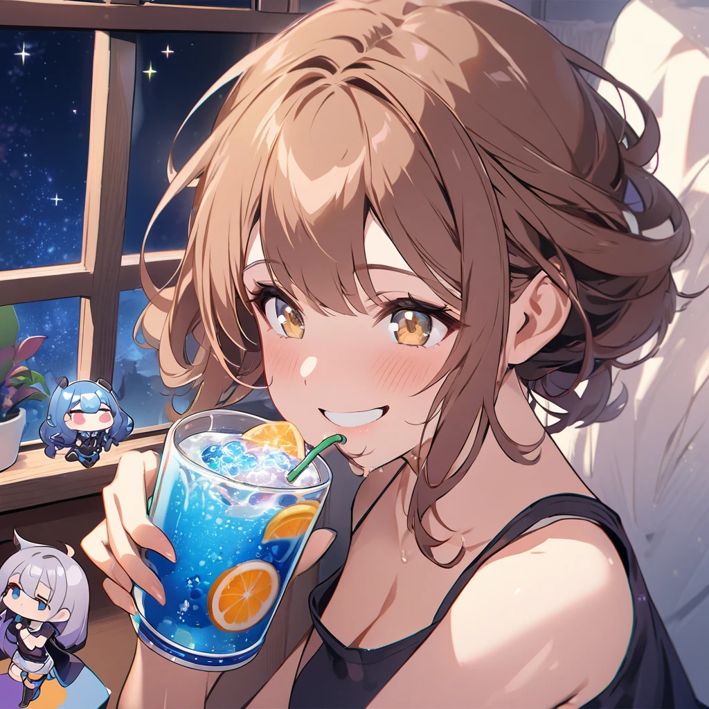 masterpiece、Highest quality、Depth of subject、2D illustration、1 beautiful girl、独奏, (((chibi style)))、((night)), ((window)), ((starry sky)), Long, beautiful hair、shiny brown hair、cute、Beautifully detailed eyes、((Tank top))、a glass of blue soda, ((colorful))、mini skirt、((happy smile))、((Canned Chuhai)), ((close up shot))、((eating beefsteak)), ((in the room))、((There's a lot of pink around))、Thighs、((vivid color))、sparkle、((Lens flare))、