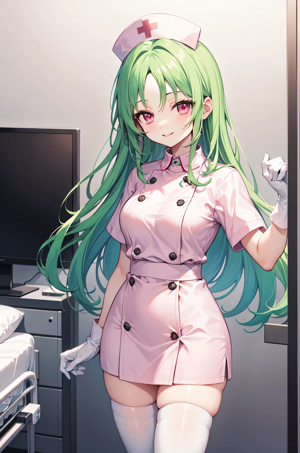 1woman, solo, nurse, white nurse cap, white nurse uniform, ((white legwear, zettai ryouiki)), white gloves, forehead, long hair, green hair, pink eyes, pink lips, smile, standing, ((hospital room)), sharp outline, short sleeves, mature female, 35 years old, best quality, masterpiece
