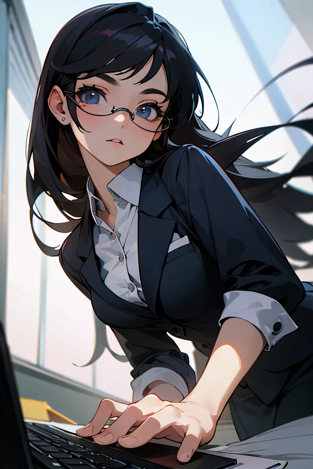 (masterpiece, best quality:1.5), brightening light, beautiful eyes, ultra-detailed face,  ((perfect anatomy)), (professional look), 
BREAK 1 girl, long hair, black hair, straight hair, short bangs above brows, eyewear, 
BREAK business suit, 
BREAK indoors, office, laptop, 