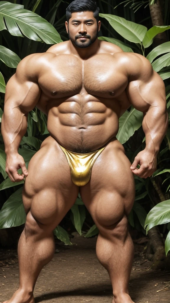 There is only one handsome Asian actor in the photo,35 years old,High target, Fitness,short hair, O-Shaped Beard,Perfect body, Dark skin color,Radiant Skin,Smooth skin,Muscle bulge, muscular, Very large pectoral muscles,Very sexy abdominal muscles,Very well-developed leg muscles,Huge concave and convex area,Brightens oily skin,Wearing a gold leather shiny thong,Handsome face, Correct and accurate male body proportions, Wear black socks,Stand in the rainforest,Lots of tropical flowers around。