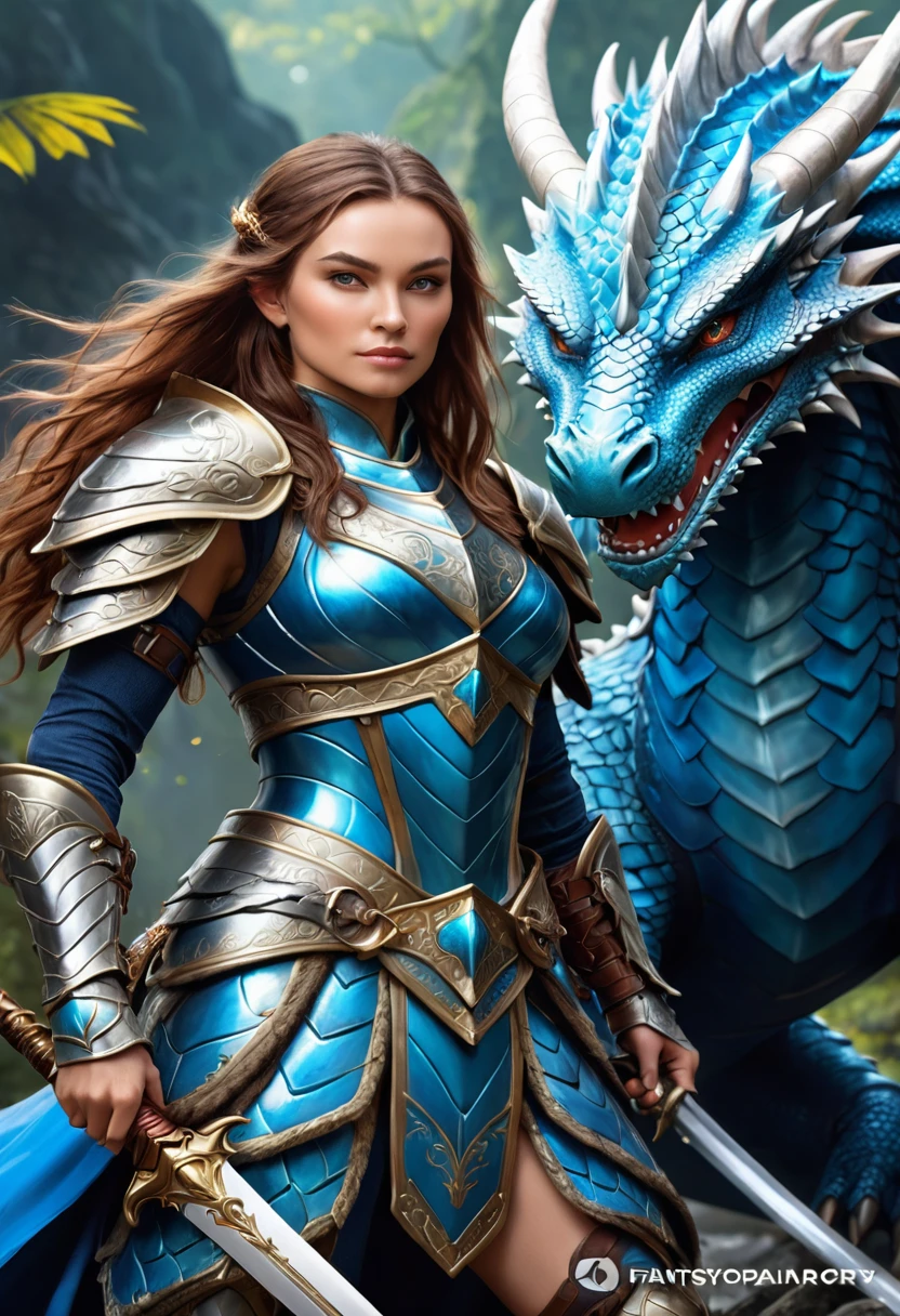 arafed woman in armor and armor with sword and dragon, dragon inspired blue armor, fantasy inspired dragon armor, 4k fantasy art, legend of the cryptids, graphic artist magali villeneuve, 4 k detail fantasy, detailed fantasy art, trending digital fantasy art, epic fantasy art style hd, dragon inspired armor, fantasy paladin woman, blue armor