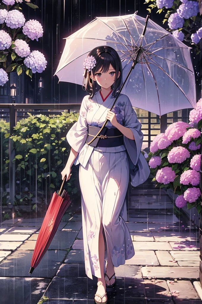 Hydrangea-themed artwork, ((Highest quality)), High resolution, 8K, Cinematic Light, High Contrast, Written boundary depth, Strong brilliance, Detailed Background, One Girl, cute, fine grain, Shining Eyes,rain、Holding an umbrella、yukata