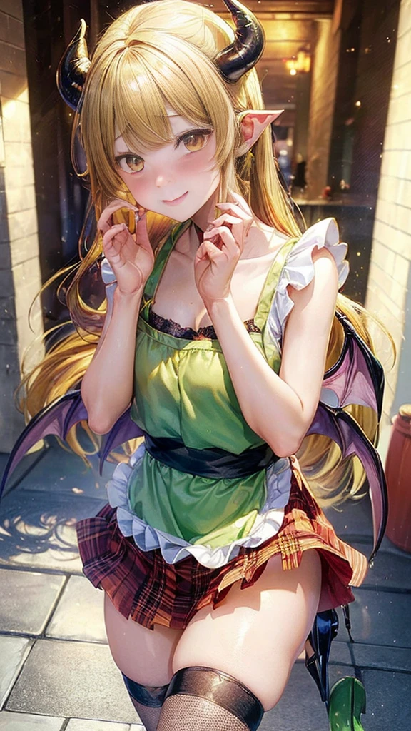 (Masterpiece, Best Quality, photograph-realistic), (Innocent Anime Demon Queen, Adorable, Cute, Lovely Young Lady), (Cheerful Expressions), (1 girl, demon queen), (small Perky Breasts, Figure), (Cute Revealing Sexy apron , Lime Green with Golden Trim), (Loose Fitting, Short Hemline), (Walking, Lakeside), (Fishnet Stockings, Golden Heels), (Wings, Devilish Tail), (Shy and Blushing Demon Girl), (Embarrassed, Blushing Cheeks), (Golden Eyes, Pointed Ears), (