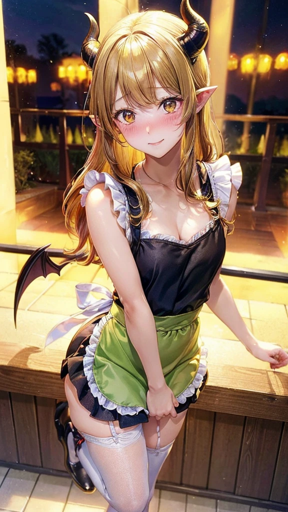 (Masterpiece, Best Quality, photograph-realistic), (Innocent Anime Demon Queen, Adorable, Cute, Lovely Young Lady), (Cheerful Expressions), (1 girl, demon queen), (small Perky Breasts, Figure), (Cute Revealing Sexy apron , Lime Green with Golden Trim), (Loose Fitting, Short Hemline), (Walking, Lakeside), (Fishnet Stockings, Golden Heels), (Wings, Devilish Tail), (Shy and Blushing Demon Girl), (Embarrassed, Blushing Cheeks), (Golden Eyes, Pointed Ears), (