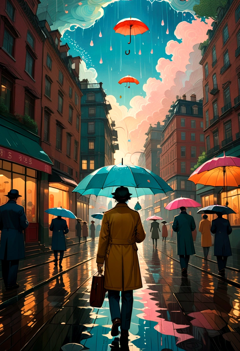 Person with an Umbrella, by Wes Anderson, best quality, masterpiece, very aesthetic, perfect composition, intricate details, ultra-detailed