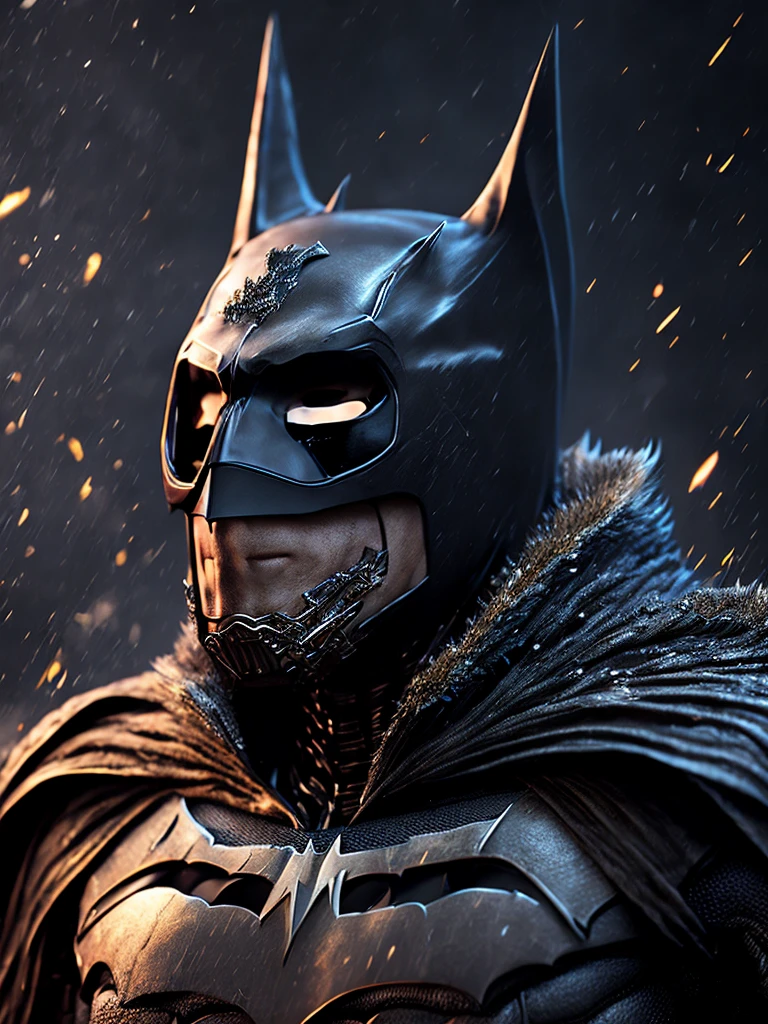 Close-up (Terminator Batman from DC in Superhero style: 1.3) (raccoon mask:1.6), emerging from wet black mud, extremely detailed, smoke, sparks, metal shavings, flying debris, volumetric light