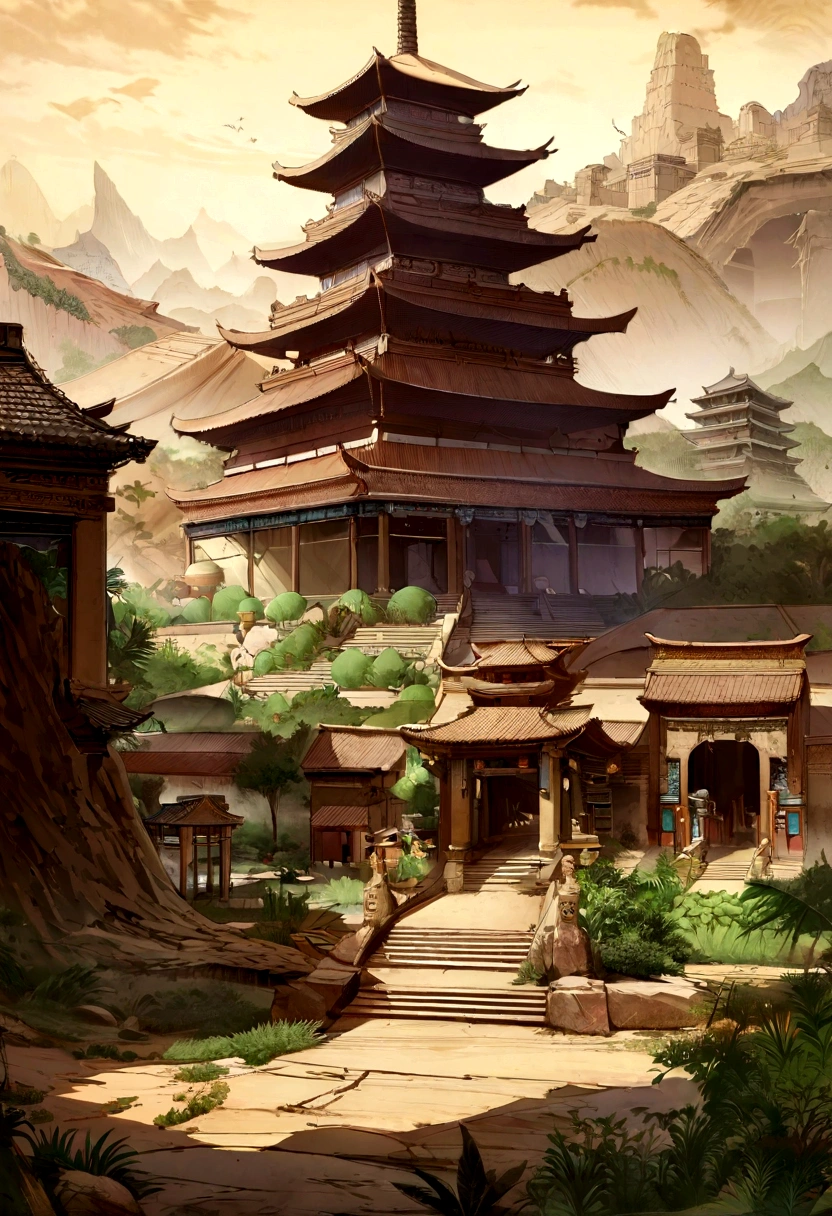 Draw a desert,Desert Oasis, Tran Ross. Landscape background, Digital painting of a pagoda, Ruins of the Colossus, Dreamy Chinese city, Highly detailed digital painting, Highly detailed digital painting, Detailed Landscape - Width 672, Wop and Ross Solan, 4K meticulous, Detailed digital concept art, Highly detailed digital art
