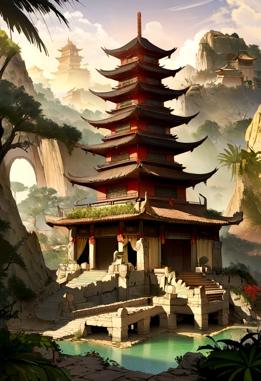 Draw a desert,Desert Oasis, Tran Ross. Landscape background, Digital painting of a pagoda, Ruins of the Colossus, Dreamy Chinese city, Highly detailed digital painting, Highly detailed digital painting, Detailed Landscape - Width 672, Wop and Ross Solan, 4K meticulous, Detailed digital concept art, Highly detailed digital art