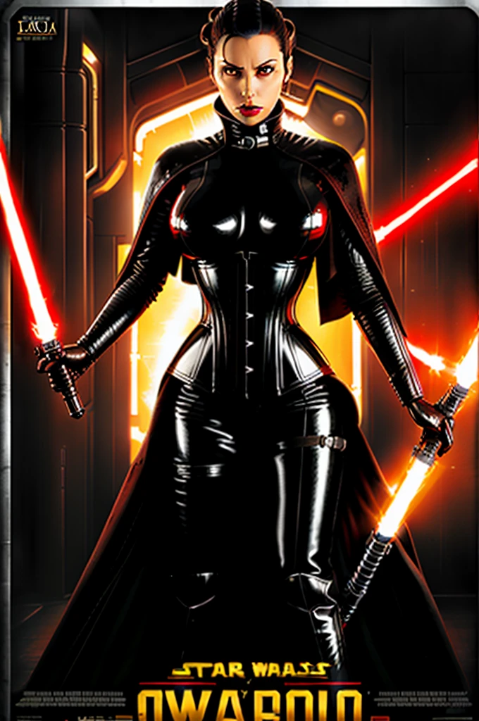 blockbuster movie poster, (star wars movie poster), female inquisitor, sith lady, woman wearing latex catsuit, latex corset, large breasts, holding lightsaber in hand