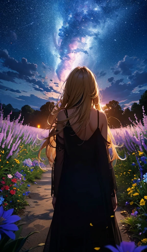 1people々々々々々々々々々々々々々々,Blonde long-haired woman, camisole,silhouette, Rear View,Space Sky, Flower Field,Colorful flowers