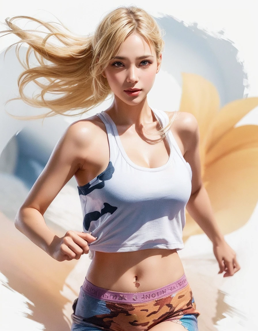 (best quality,4k,8k,highres,masterpiece:1.2),ultra-detailed,(realistic,photorealistic,photo-realistic:1.37),1girl,super sexy halter top and hot jeans ,detailed eyes,detailed lips,extremely detailed face and hair,longeyelashes,elegant pose,wind blowing hair,floating flower petals,upper body,simple background,looking directly at viewer,blonde hair,milky way galaxy background,aesthetic,ethereal,cinematic lighting