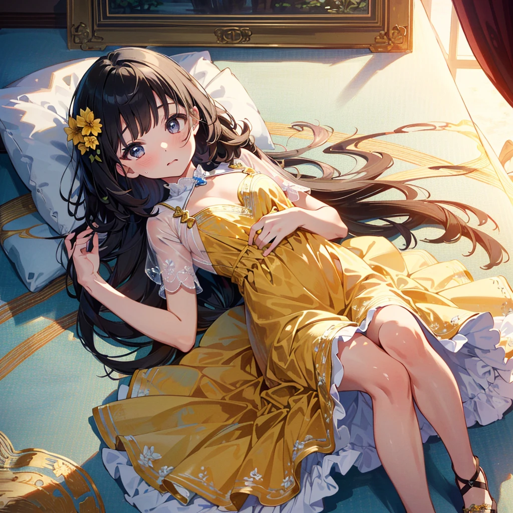 (((Super Masterpiece, Super High Definition, 16K, Very Delicate and Beautiful))))), (((Masterpiece, Highest Quality, 8K, Clear and Detailed, Very Clean and Clear))), Very Beautiful, Bed (flowers all around the girl), dress (luxurious dress, beautiful embroidery, beautiful dress, cute dress), , round, 8 years old), small breasts, super long hair (braids) , bangs, beautiful yellow), (baby face: 1.2), short legs, dazed, mouth slightly open, on back, from above, ), girl lying separately with her hands on her chest.