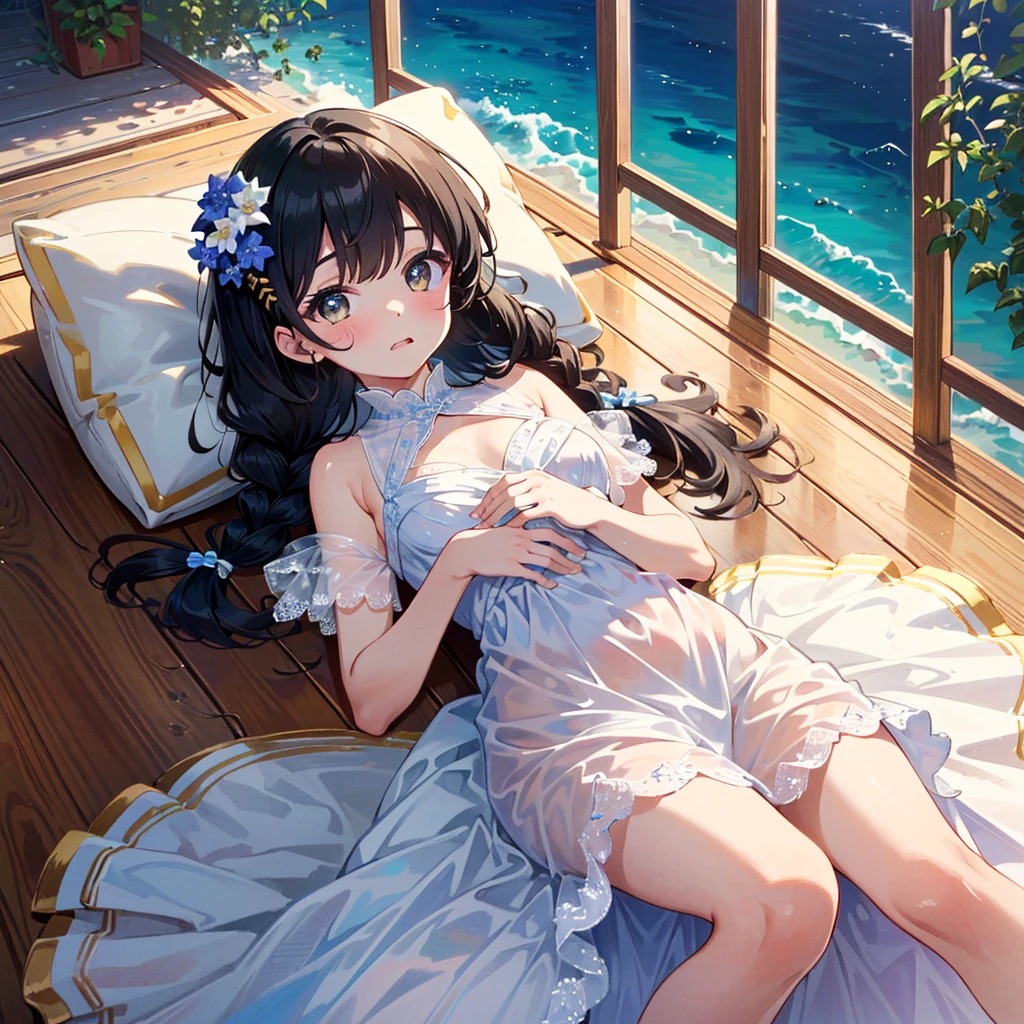 (((Super Masterpiece, Super High Definition, 16K, Very Delicate and Beautiful))))), (((Masterpiece, Highest Quality, 8K, Clear and Detailed, Very Clean and Clear))), Very Beautiful, Bed (flowers all around the girl), dress (luxurious dress, beautiful embroidery, beautiful dress, cute dress), , round, ), small breasts, super long hair (braids) , bangs, beautiful yellow), (baby face: 1.2), short legs, dazed, mouth slightly open, on back, from above, ), girl lying separately with her hands on her chest.