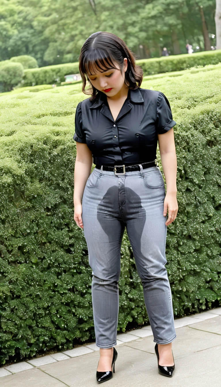 1woman,(masterpiece:1.8),photo-realistic,16k,(beautiful 40s japanese plump lady:1.3),(black frilled blouse:1.4),belt,(denim pants:1.1),pumps,(whimpering:1.6),(panicking:1.6),(crying:1.7),(handing on wetting crotch with both hands:1.2),(Park bushes:1.4),(crowd kids:1.1),(wetting:1.3),(dripping pee:1.3),long hair,straight hair,black eyes,MILF,curvy,(huge breasts:1.2), makeup,lipstick,eyeliner,mascara,eyeshadow