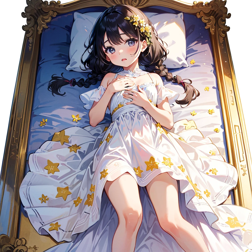 (((Super Masterpiece, Super High Definition, 16K, Very Delicate and Beautiful))))), (((Masterpiece, Highest Quality, 8K, Clear and Detailed, Very Clean and Clear))), Very Beautiful, Bed (flowers all around the girl), dress (luxurious dress, beautiful embroidery, beautiful dress, cute dress), , round, 8 years old), small breasts, super long hair (braids) , bangs, beautiful yellow), (baby face: 1.2), short legs, dazed, mouth slightly open, on back, from above, ), girl lying separately with her hands on her chest.color々A pose、On all fours、color々Composition