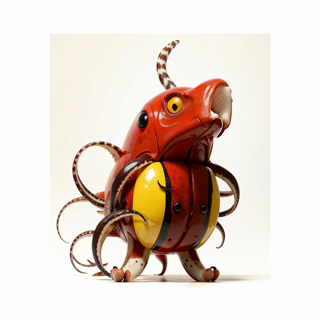Big Animaly, has red stripes on his skin, yellow eyes, squid mixed with atom, Grassroots, (no background)