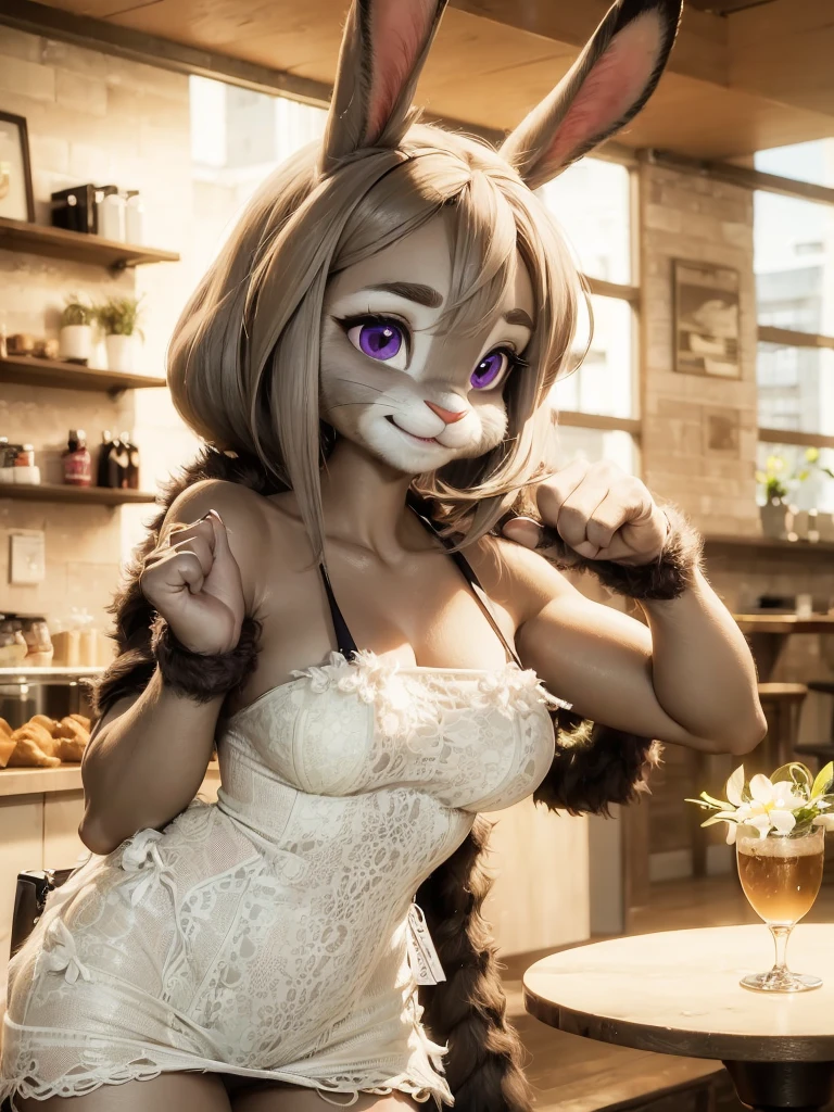 best quality,
masterpiece,
hyper Realistic,
ultra-detailed,
beautiful detailed,
4K,8K,High level,
PIXAR,
Photo real,
medium shot,
Looking at the audience upside,
background in cafe, coffee shop,
Realistic lighting,
((anthropomorphic rabbit)),
detailed animals,
Complex patterns,
(furry:1.35),
(Whole skin is gray:1.35),
(body is fluffy and bushy:1.35),
Realistic fur,
((human hands)),
(Face is JudyHopps:1.35),
((medium straight hair)),
dark brown heir,
((sidepart bangs)), bangs,
purple eyes,
{highlight on eyes, crisp eyes, sparkle in the eyes, round big pupils},
detailed iris,
(rised eyebrows:1.2),
(Crescent Brows:1.3),
(rabbit ears:1.1),
Smile,
Big Smile,
Innocent smile,
raised corners of mouth,
the lady is wearing one piece clothes,
((Green one piece clothes)) BREAK ((casual bag)),
clothes made of wool,
(solo:1.5),
(1 lady:1.5),
one character only
alone,
Perfect Anatomy,
lighting forward,
lighting front,
ambient light,
natural light,
daylight white,
intricate details,
ray tracing,
photorealistic,