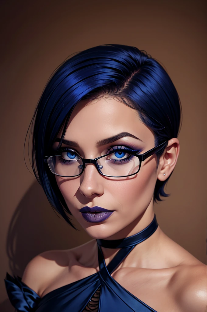 Karylith, medium breast, girl, ultramarine Blue short hair , parted bangs, glasses, latina, blue eyes, square face, caucasian, thin lips, little tanned, small nose, small mouth, hair over one eye, gothic makeup,
